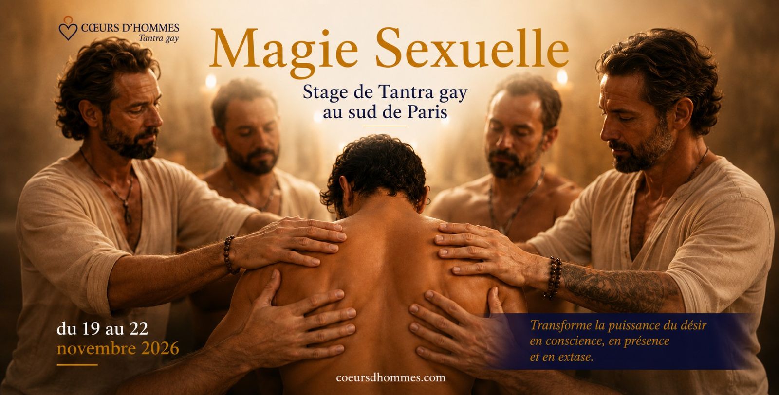 Stage de Tantra gay ''Au cœur de la Magie Sexuelle'' du 19 au 22 novembre 2026 au sud de Paris Stage de Tantra gay ''Au cœur de la Magie Sexuelle'' du 19 au 22 novembre 2026 au sud de Paris