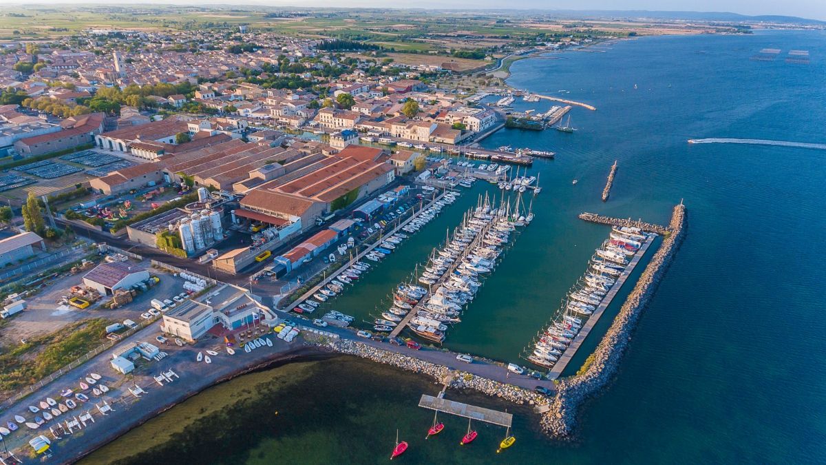 Aerial view of Marseillan Ville and Port area.