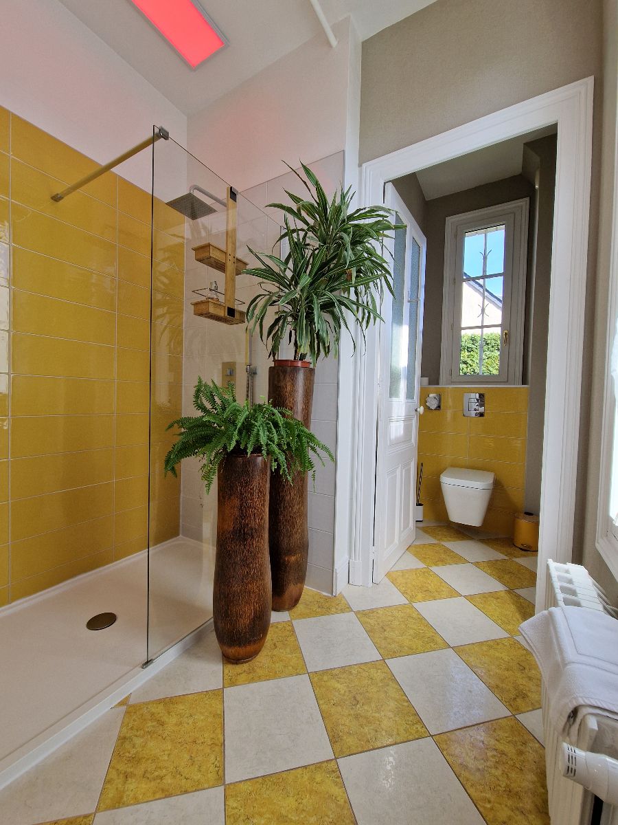 Chaque chambre dispose de sa salle d'eau moderne avec douche à l'italienne . L'éclairage LED au plafond, au dessus de la douche, permet de varier les tonalités en fonction de l'ambiance souhaitée. Chaque chambre dispose de sa salle d'eau moderne avec douche à l'italienne . L'éclairage LED au plafond, au dessus de la douche, permet de varier les tonalités en fonction de l'ambiance souhaitée.